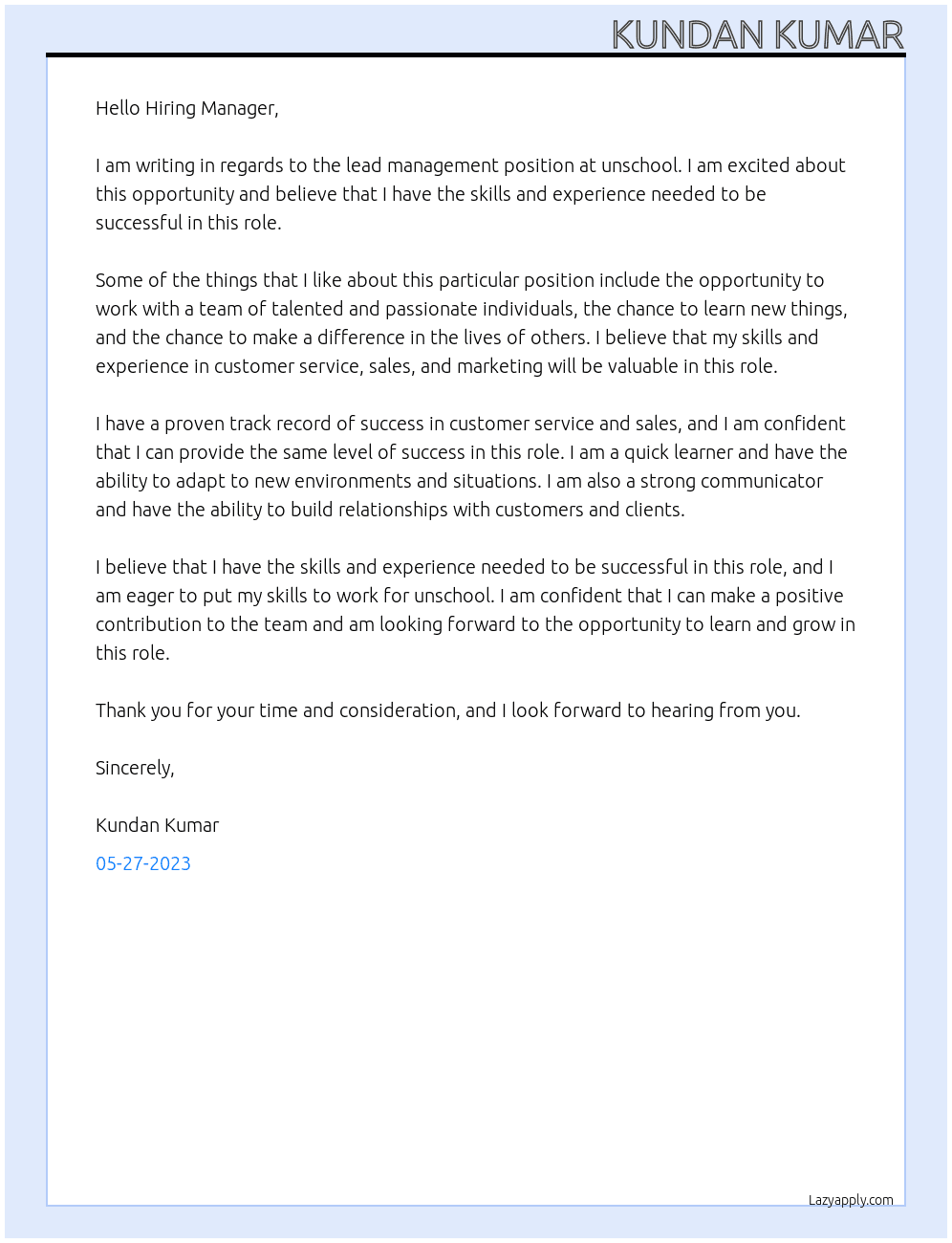 lead management At unschool Cover Letter