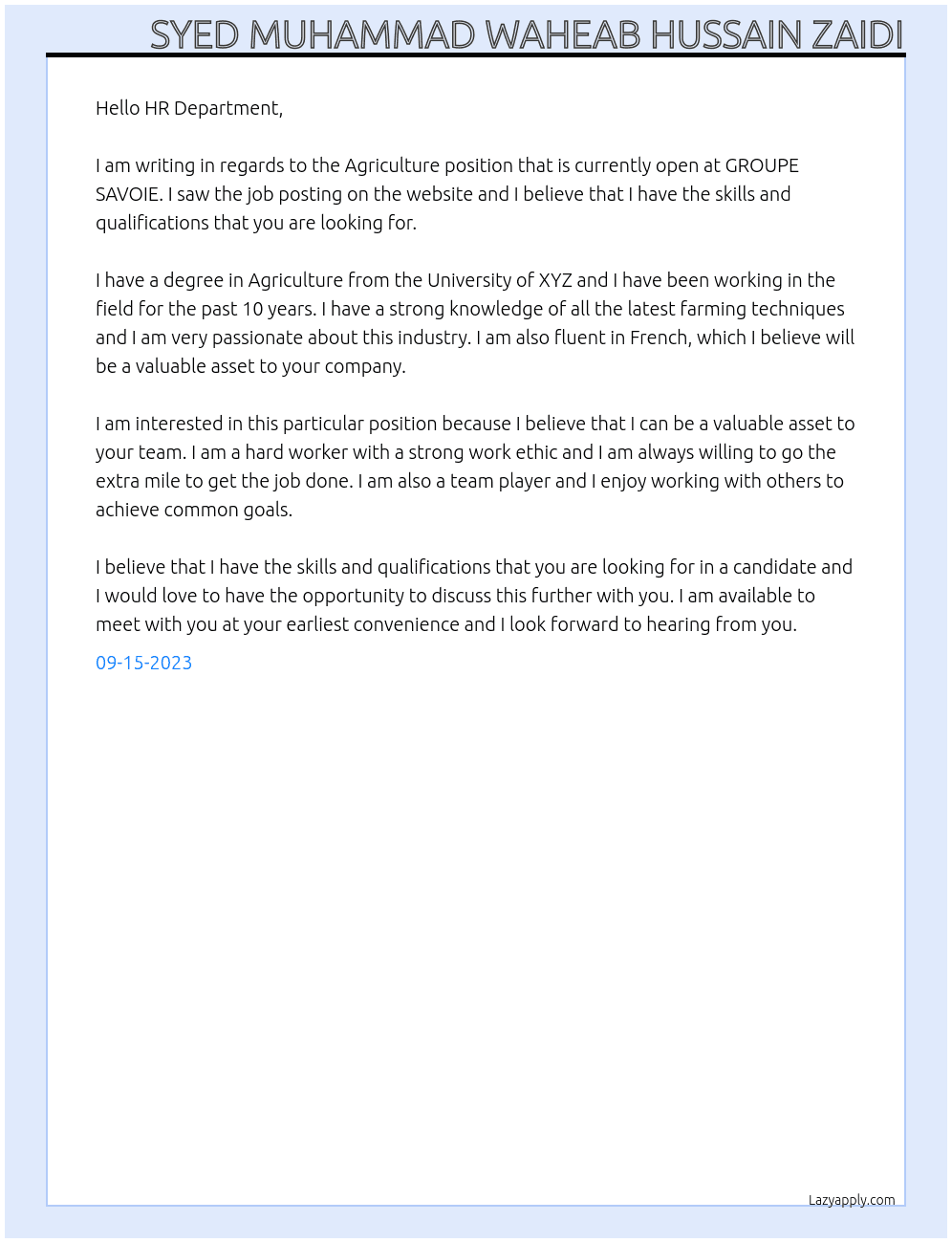 Agriculture  At GROUPE SAVOIE Cover Letter
