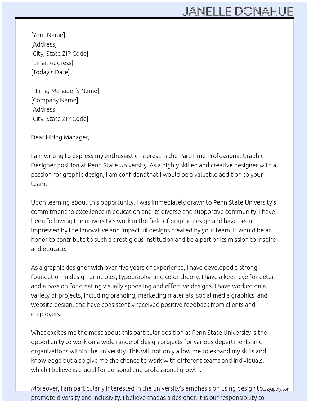 Part-Time Professional Graphic Designer At Penn State University Cover Letter