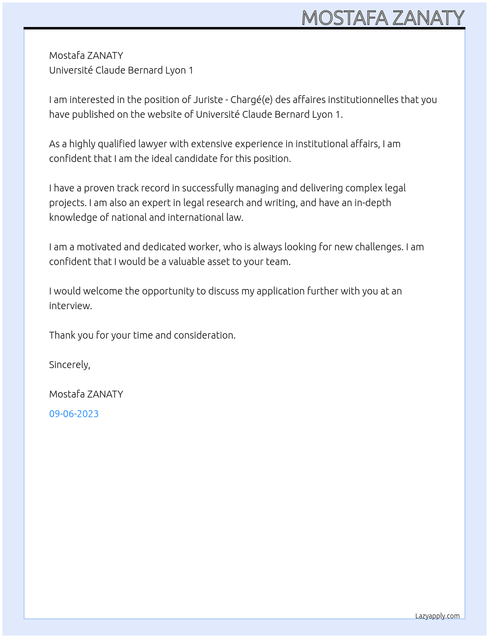 Juriste - Chargé(e) des affaires institutionnelles At Université Claude Bernard Lyon 1 Cover Letter