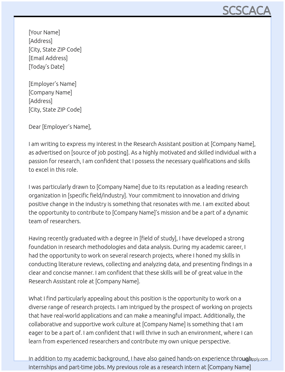 Research assistant  At casascascac Cover Letter