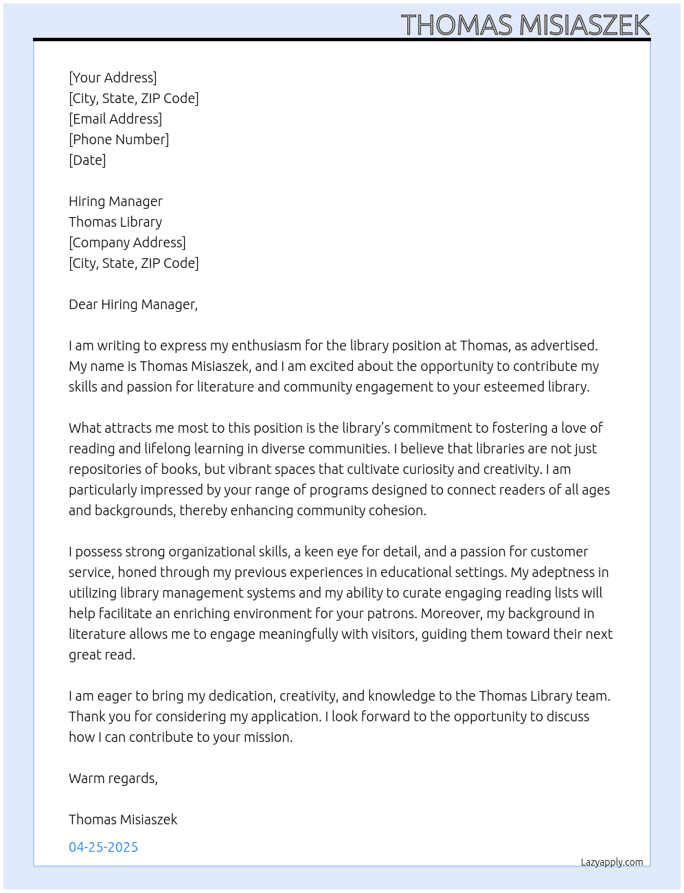 libary At thomas Cover Letter