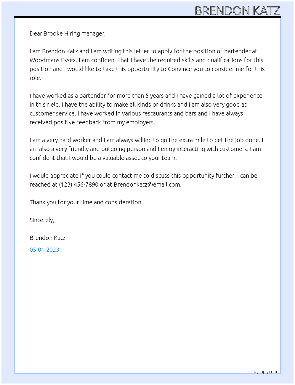 Bartender At Woodmans Essex Cover Letter