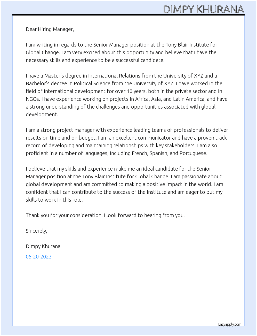 Senior Manager At Tony Blair Institute for Global Change Cover Letter