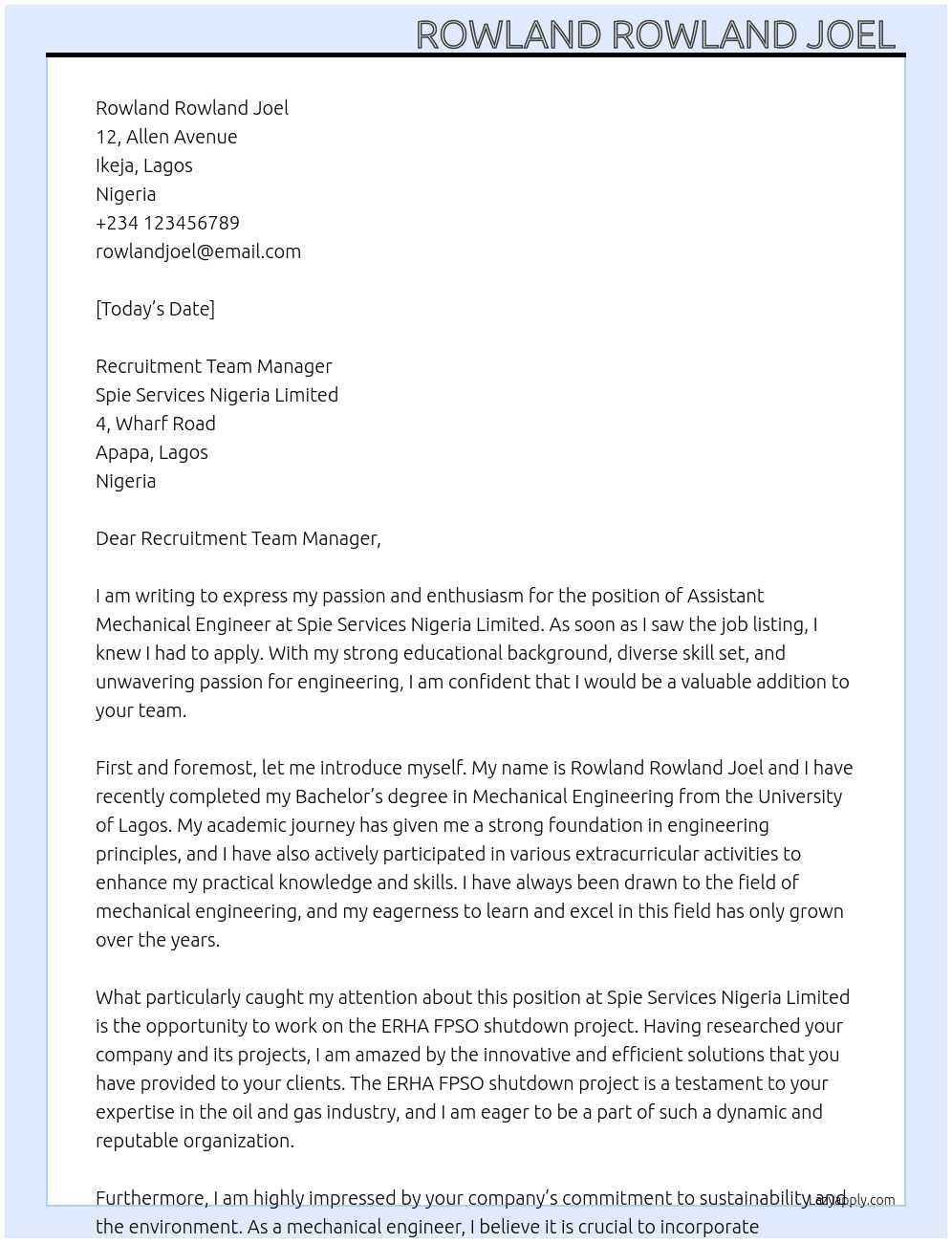 Assistant Mechanical Engineer  At Spie Services Nigeria Limited  Cover Letter