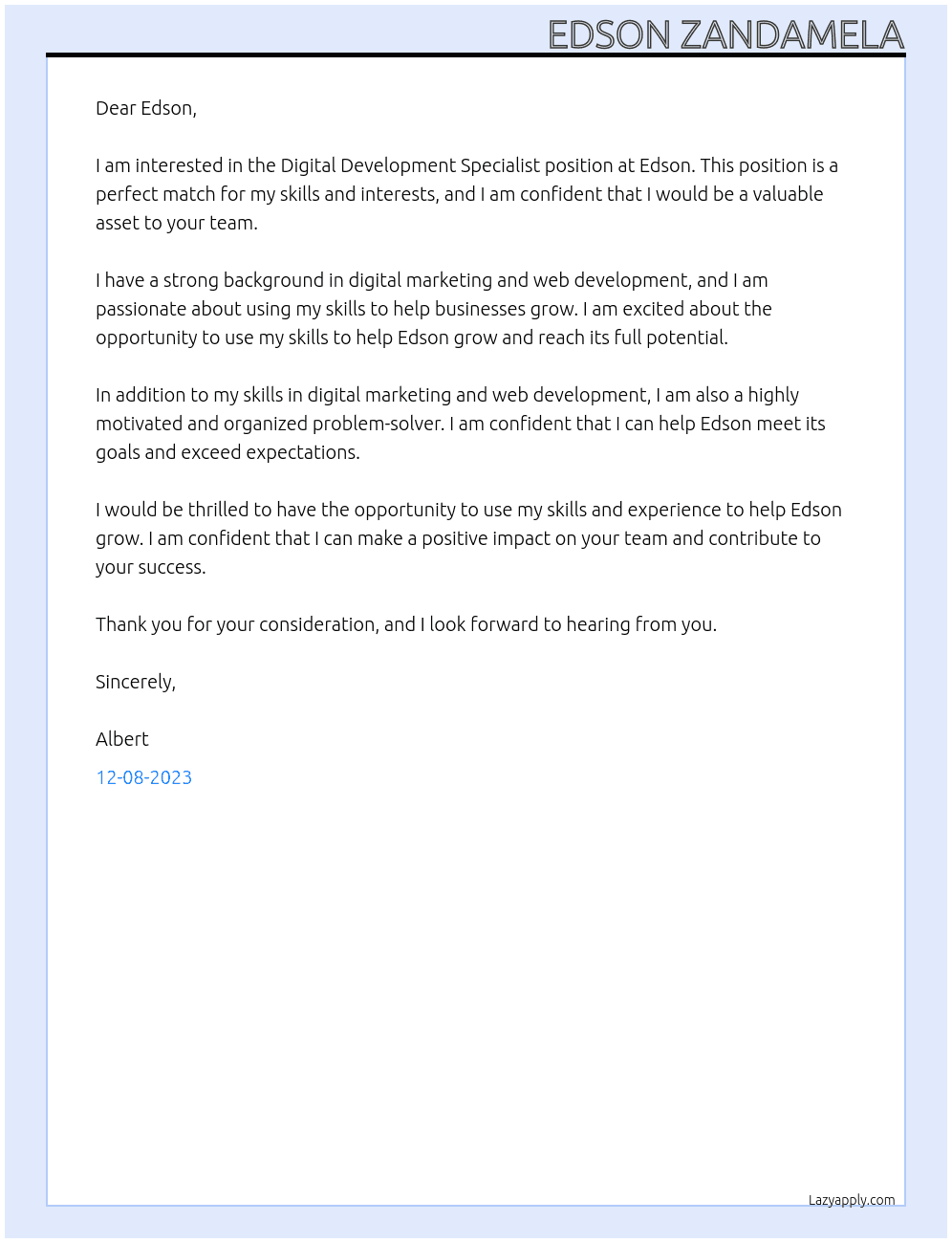  Digital Development Specialist At Edson Cover Letter