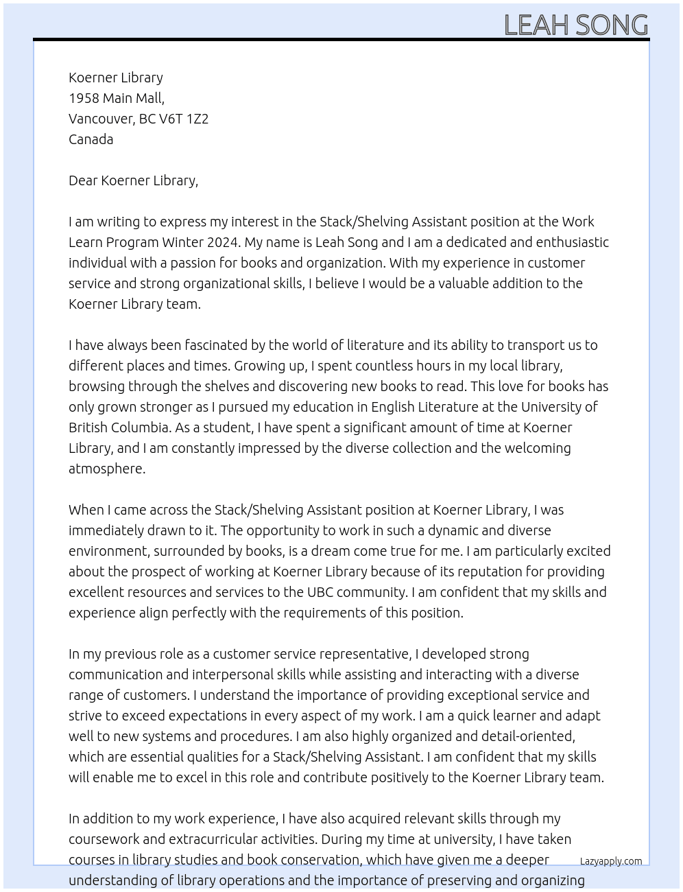 Stack/Shelving Assistant At Work Learn Program Winter 2024 Cover Letter
