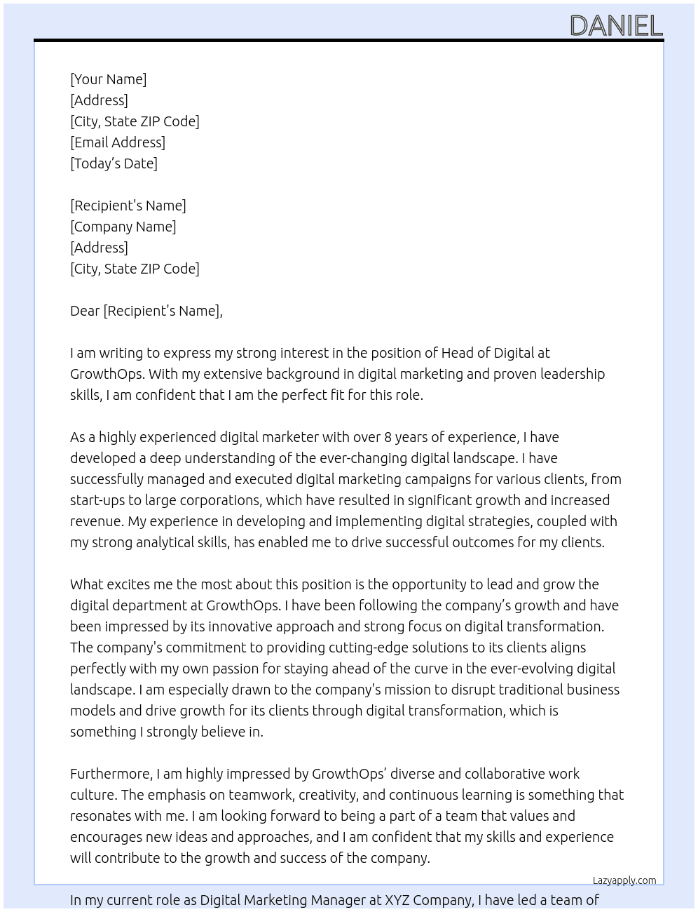 Head of Digital At GrowthOps Cover Letter