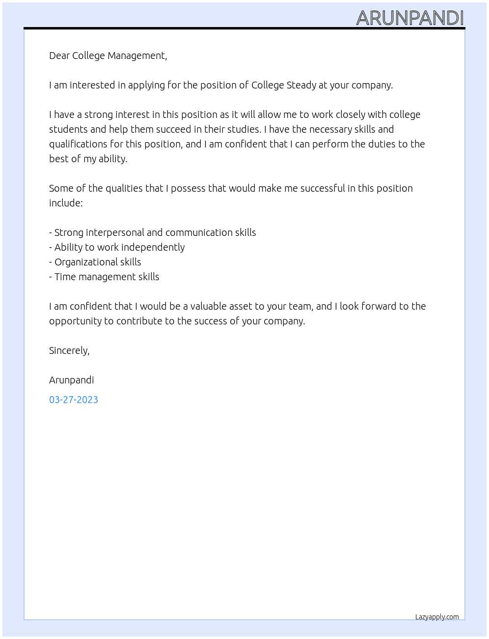 College steady  At THALAPATHY ARUN Cover Letter