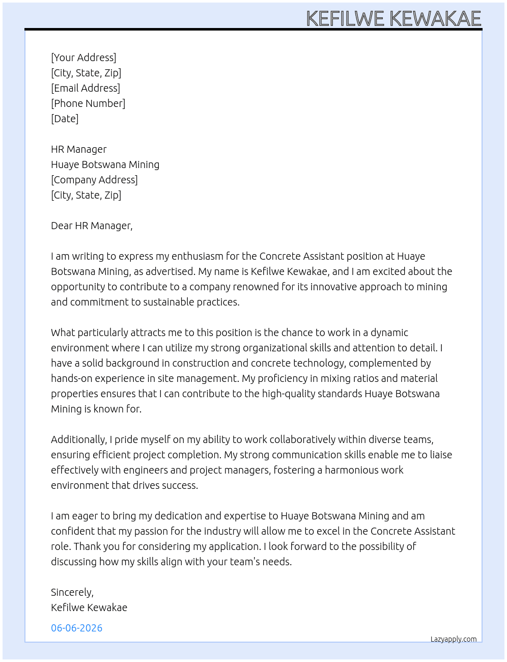 Concrete Assistant At Huaye Botswana Mining Cover Letter