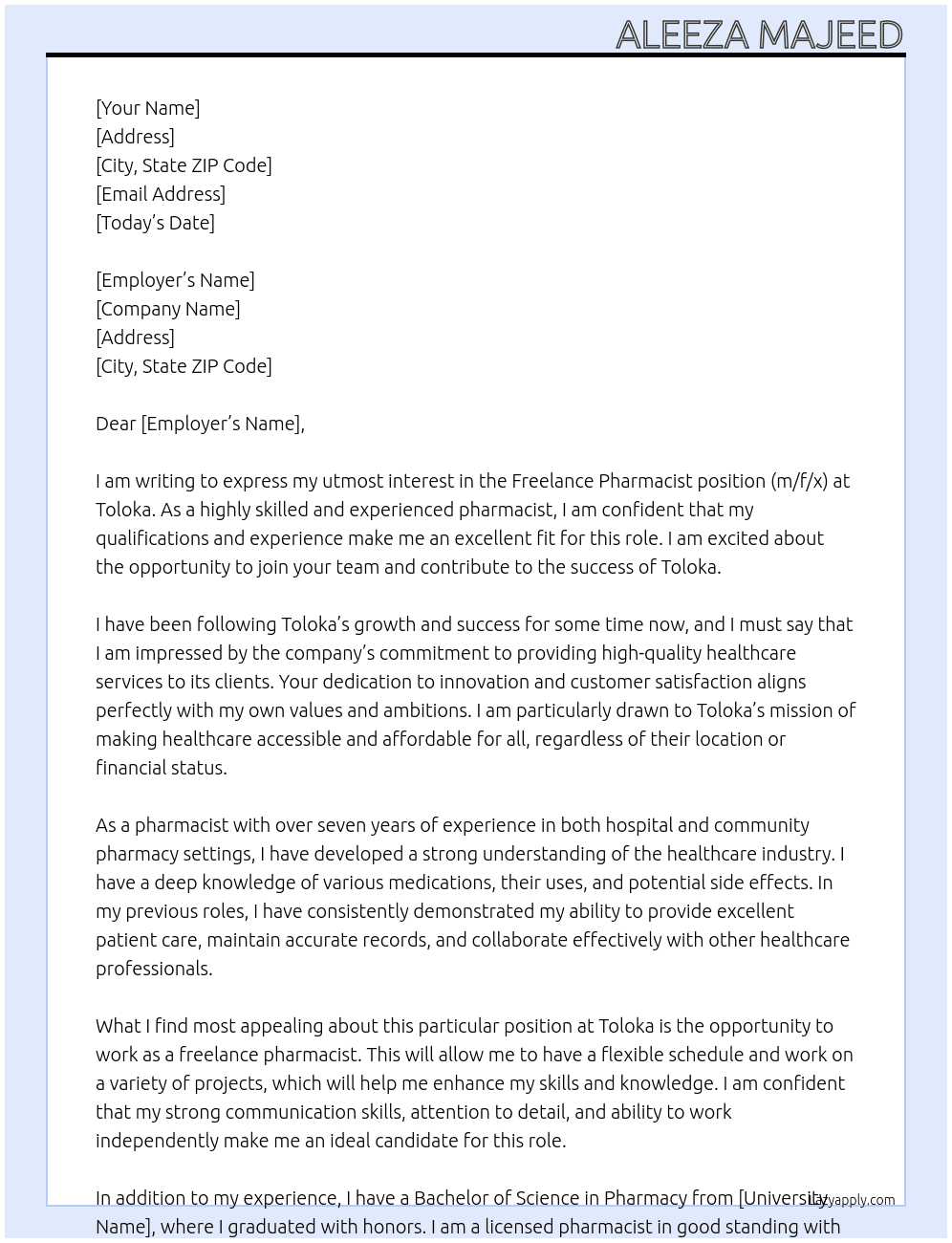 Pharmacist (m/f/x) - Freelance At toloka Cover Letter