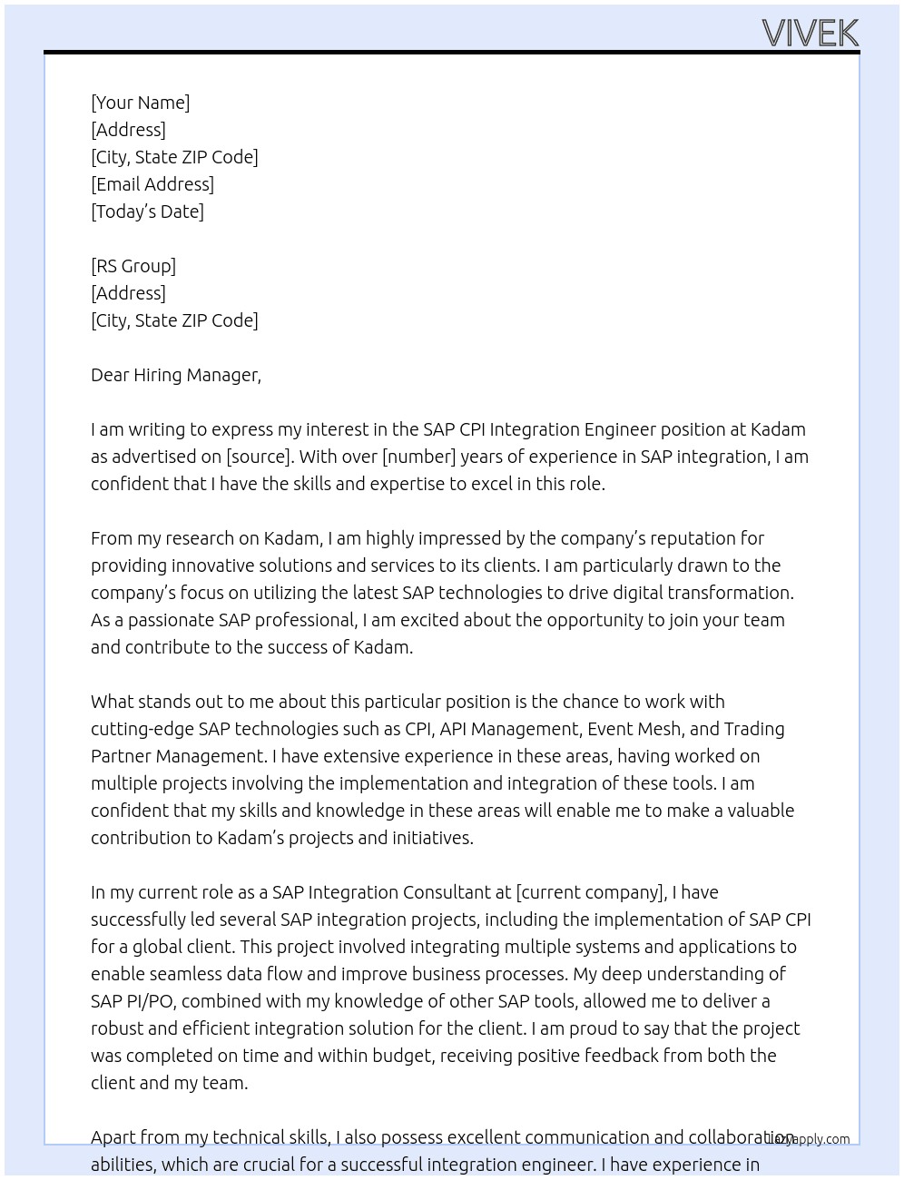 SAP CPI Integration Engineer At Kadam Cover Letter