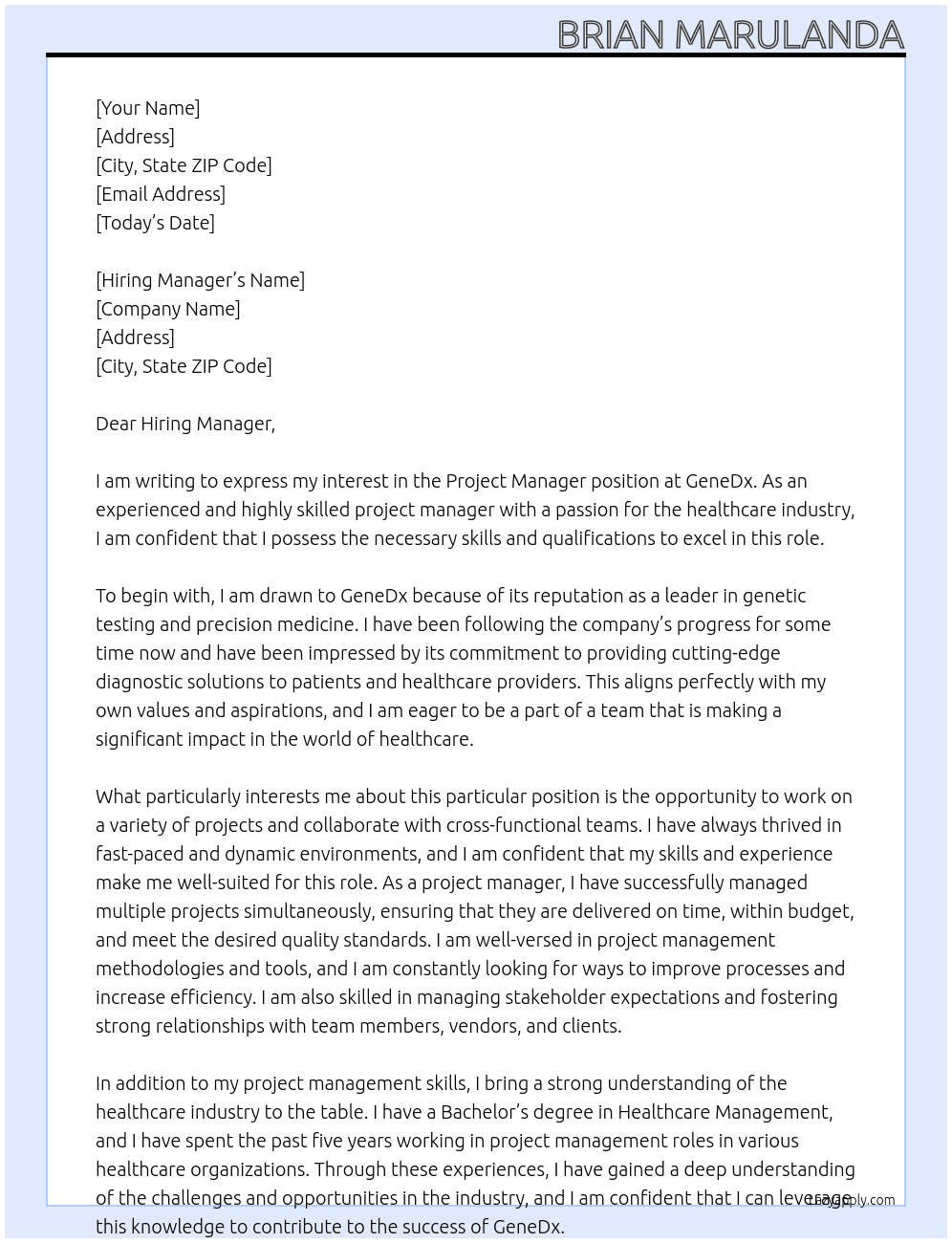 Project Manager At GeneDx Cover Letter