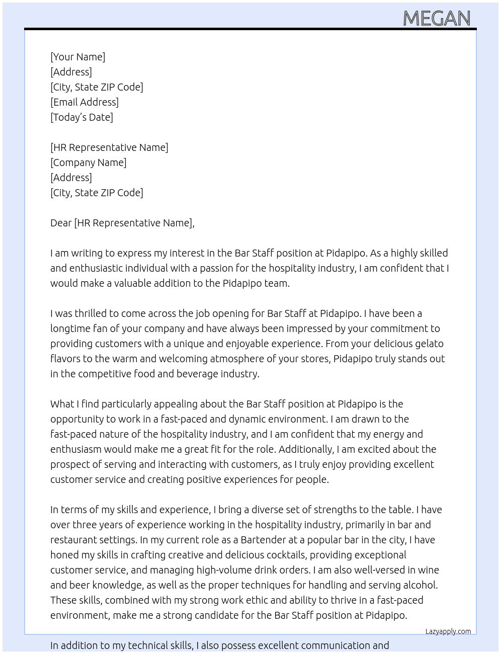 Bar Staff At Pidapipo Cover Letter