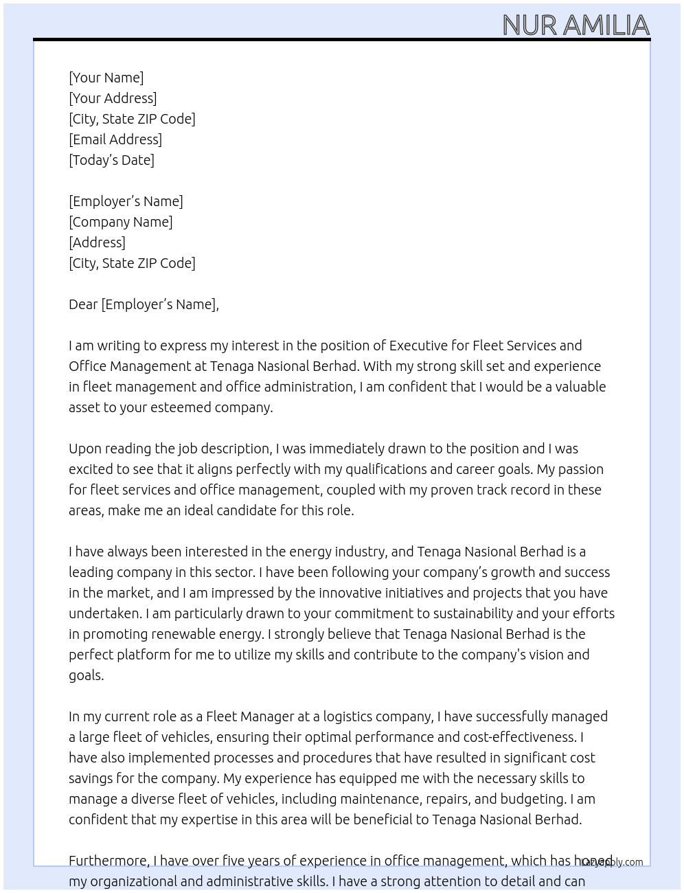 executive (fleet services and office management) At Tenaga Nasional Berhad Cover Letter