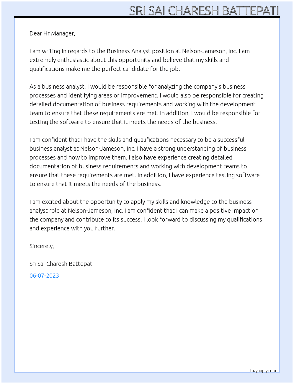 Business Analyst At Nelson-Jameson, Inc. Cover Letter