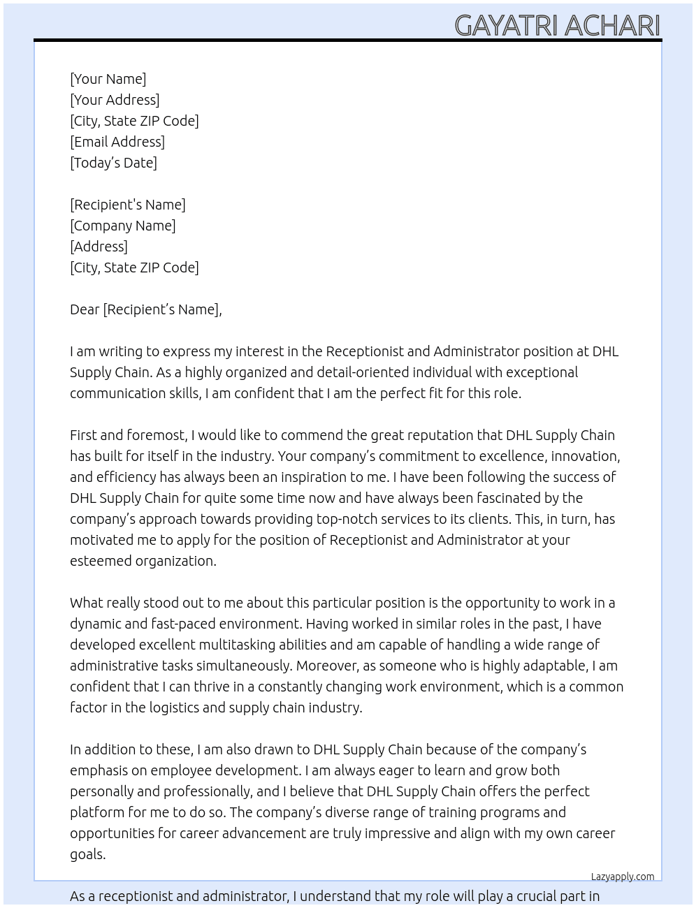 Receptionist and administrator At DHL supply chain Cover Letter