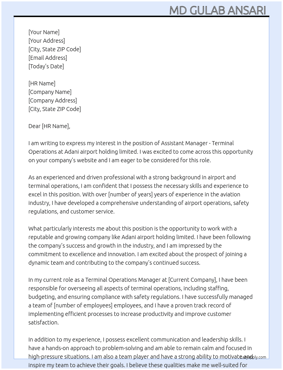 Assistant Manager - Terminal Operations At Adani airport holding limited  Cover Letter