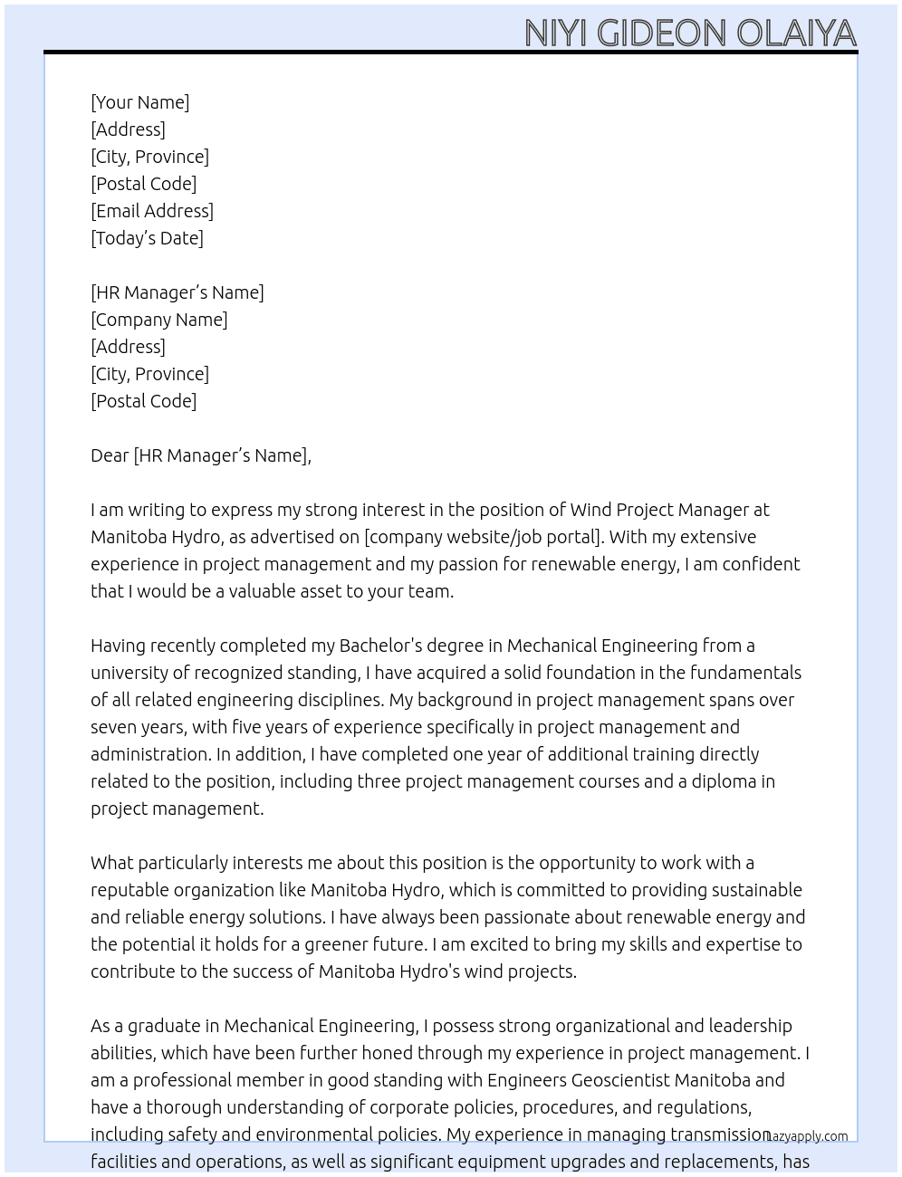 WIND PROJECT MANAGER At Manitoba Hydro Cover Letter