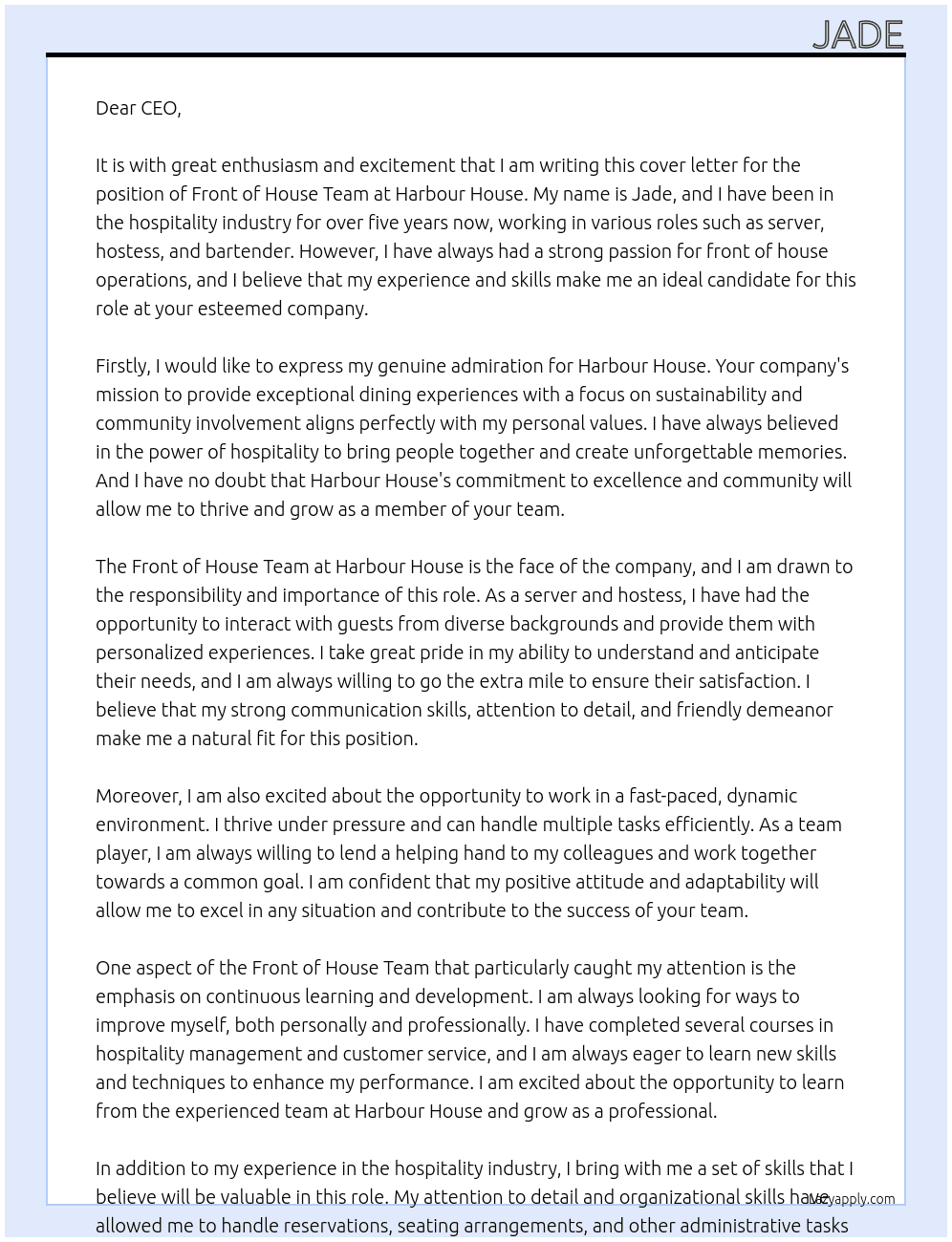Front of House Team At Harbour House Cover Letter