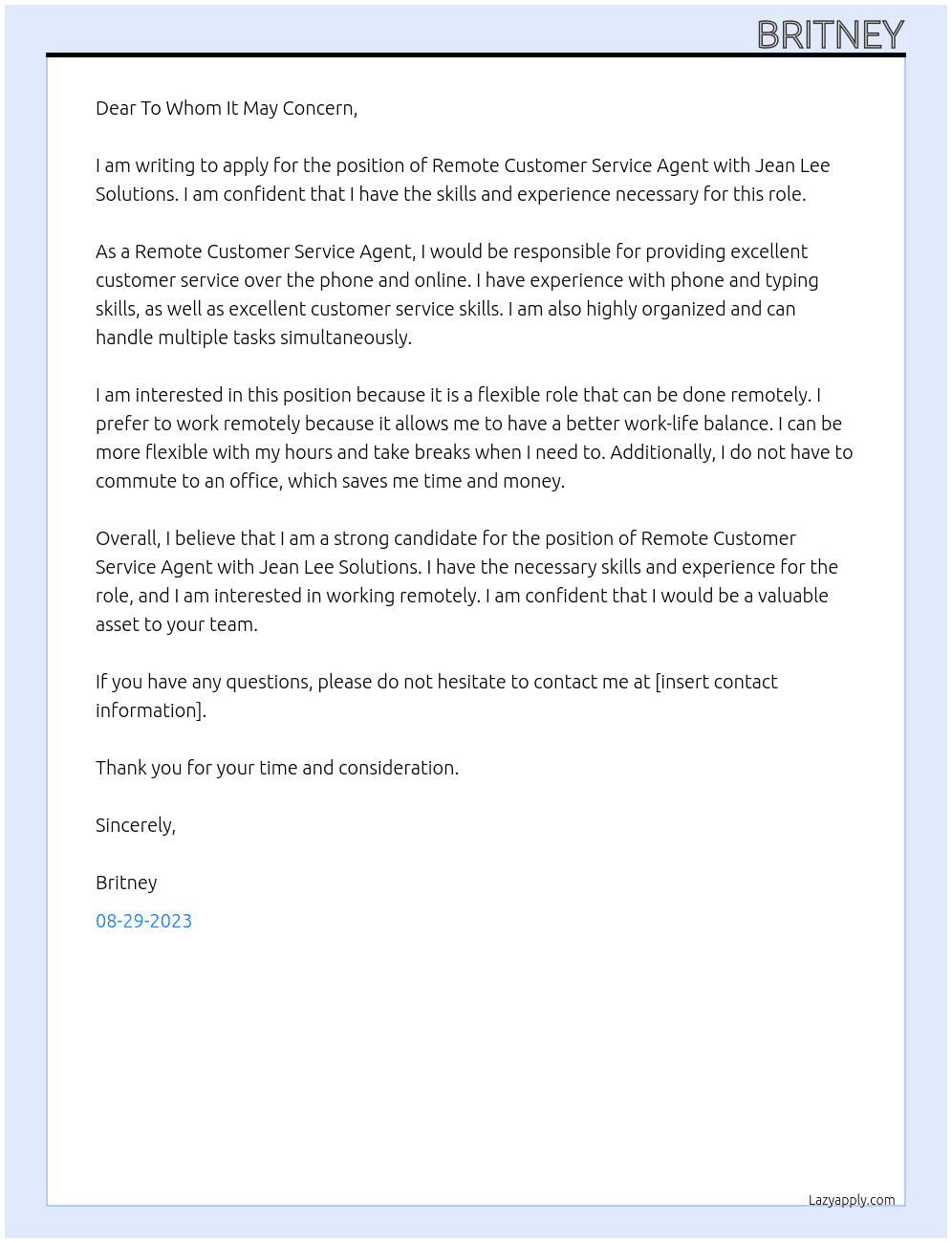 Remote Customer Service Agent At Jean Lee Solutions Cover Letter
