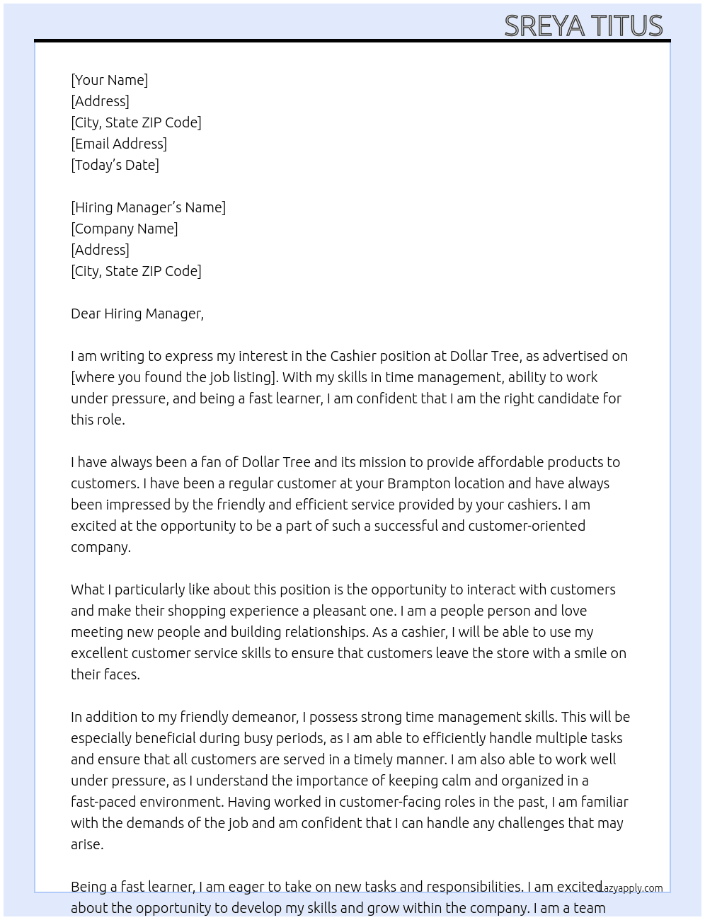 Cashier  At Dollar tree Cover Letter