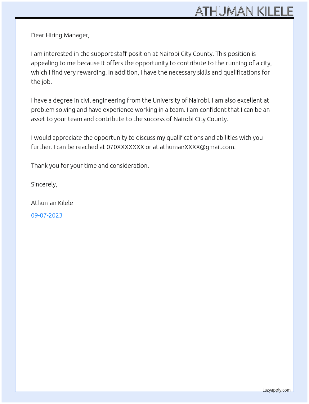 Support staff At Nairobi City County Cover Letter
