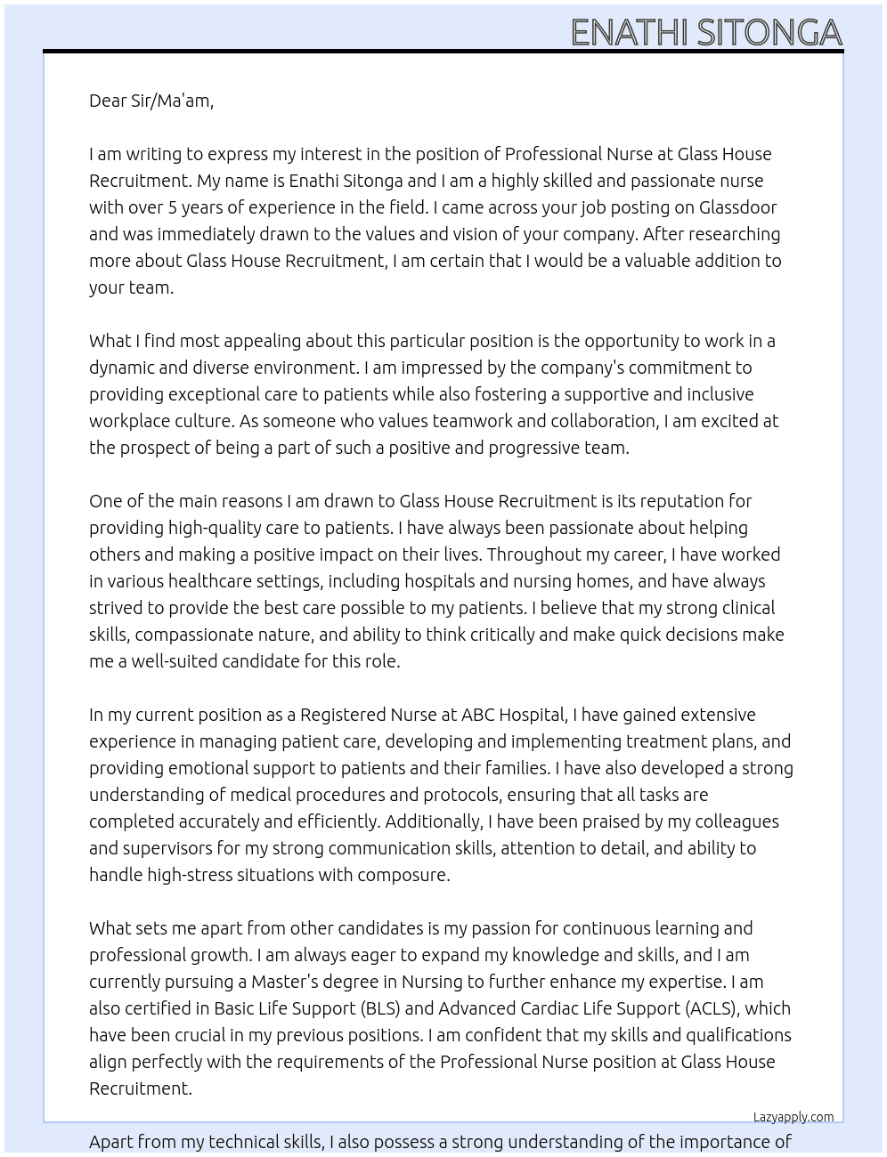 Professional Nurse  At Glass House Recruitment  Cover Letter