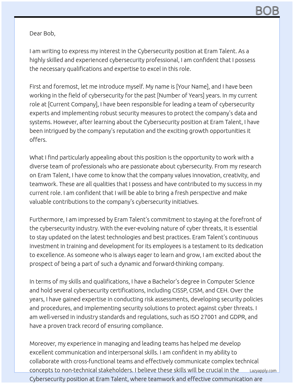 Cybersecurty At Eram Talent Cover Letter