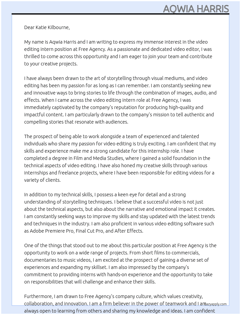 video editing intern At Free Agency Cover Letter