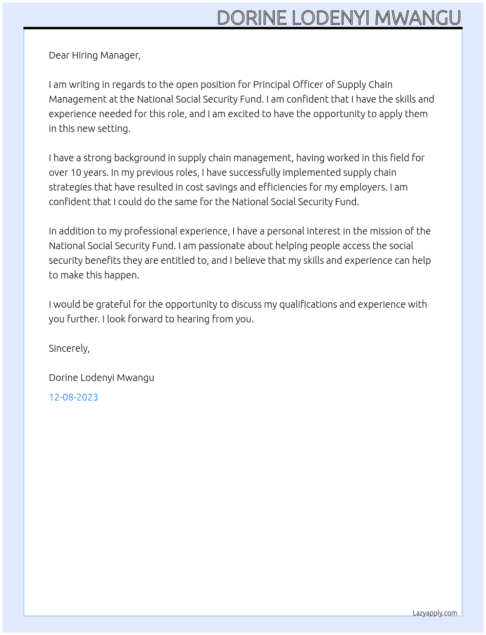 Principal Officer Supply Chain Management At National Social Security Fund Cover Letter