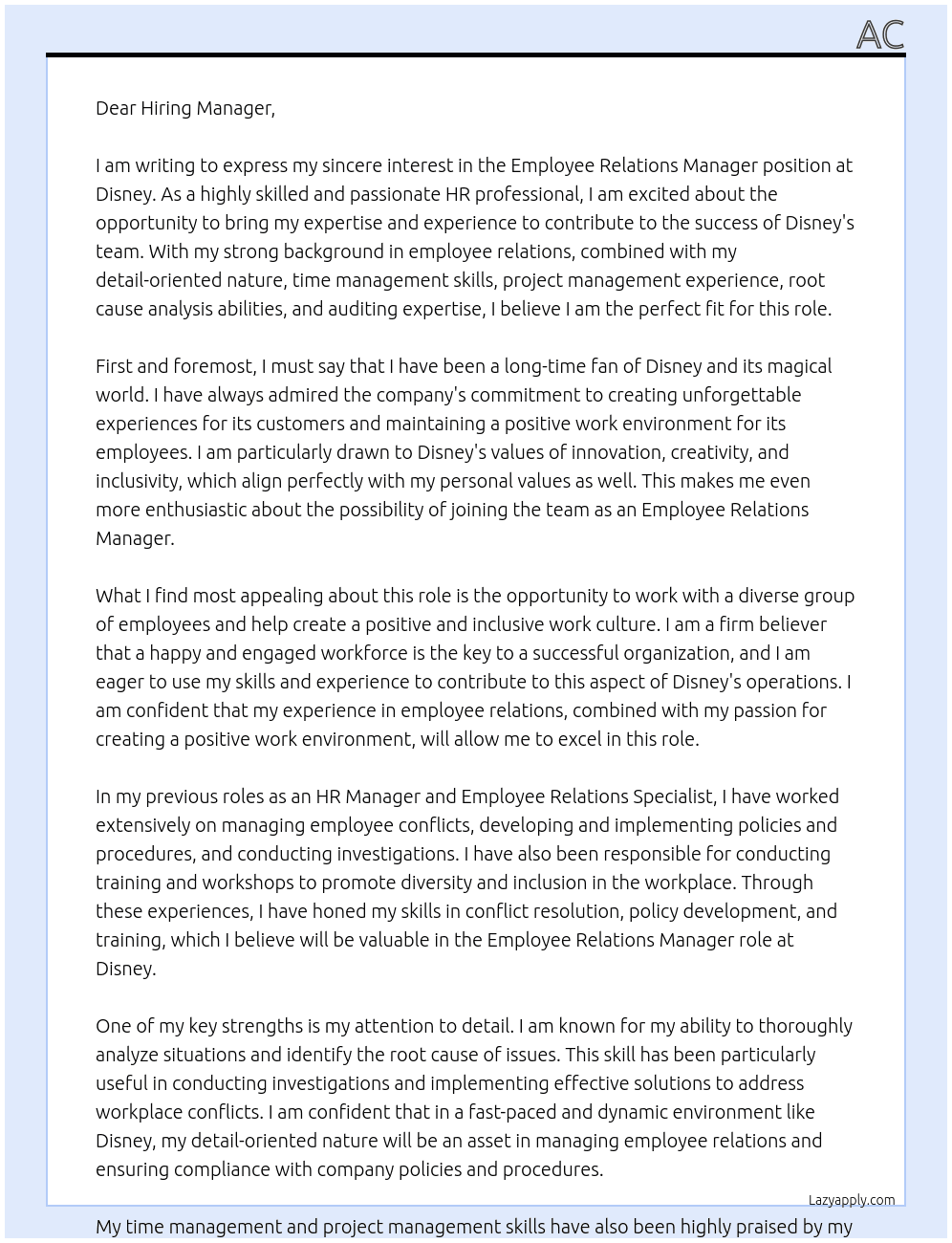 Employee Relations Manager At Disney Cover Letter