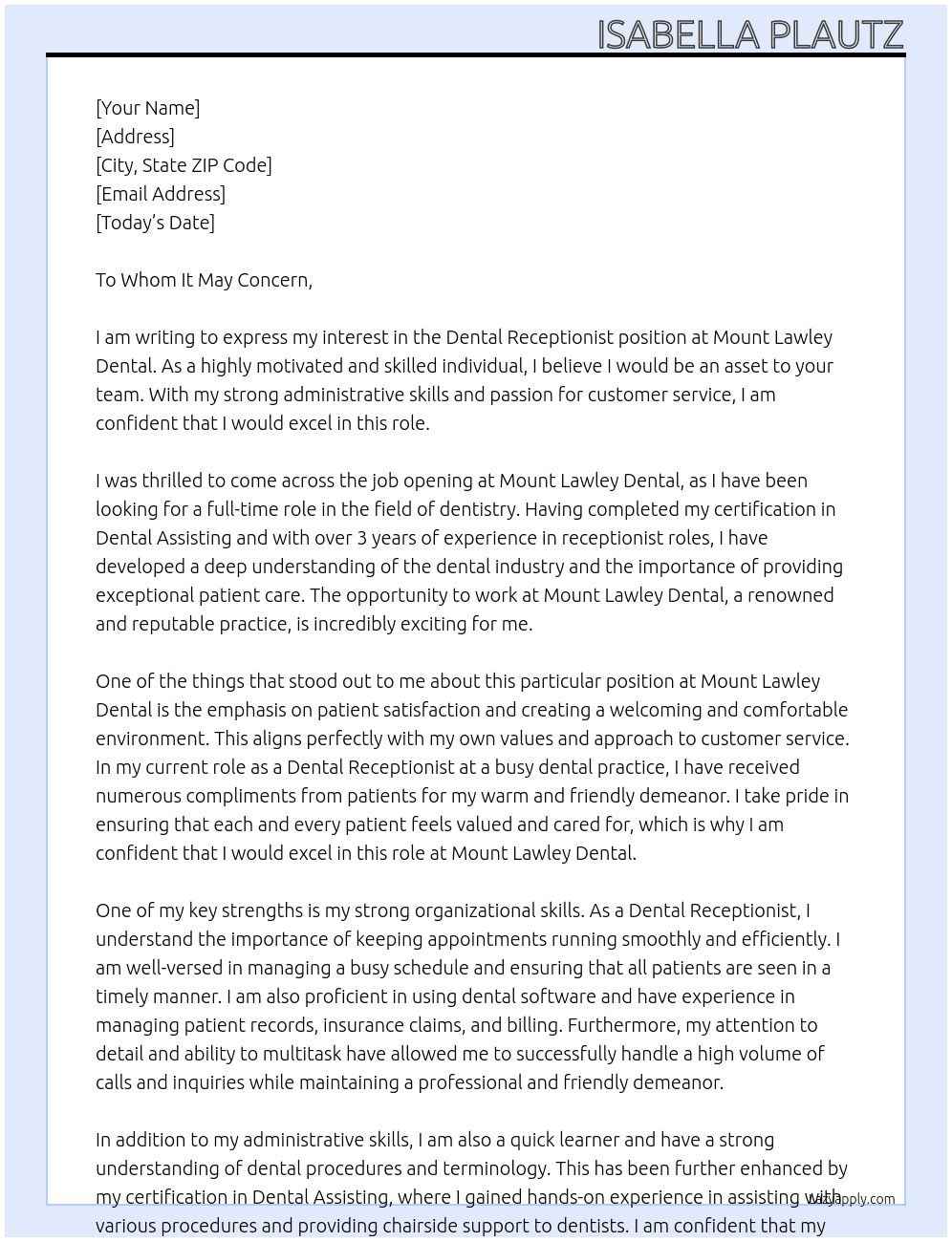 Dental Receptionist At Mount Lawley Dental Cover Letter
