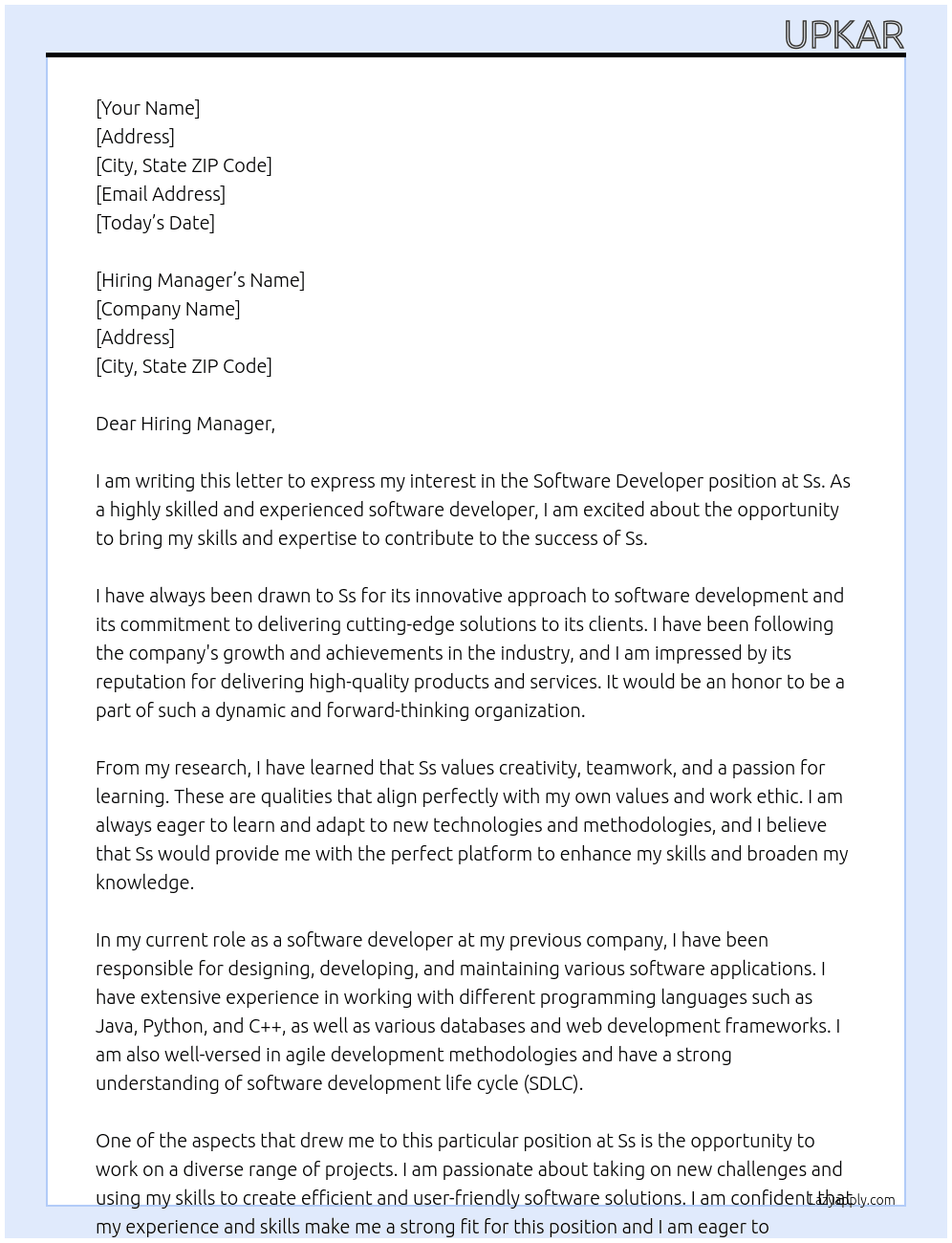 Software Developer At Ss Cover Letter