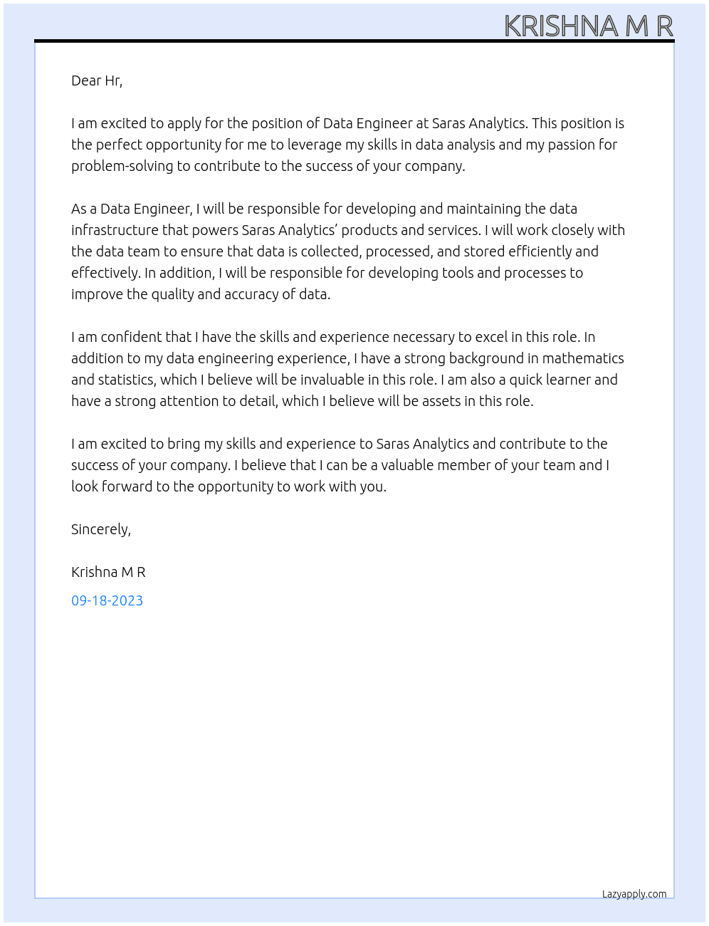 Data engiineer At Saras Analytics Cover Letter