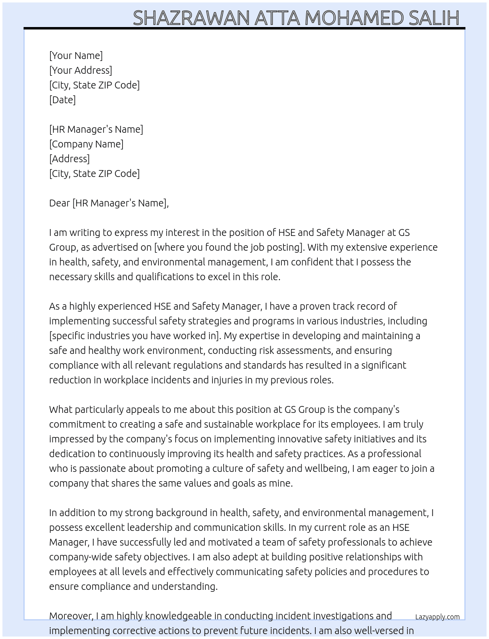 HSE and Safety Manager  At GS Group Cover Letter