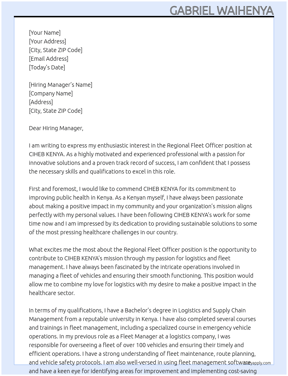 regional fleet OFFICER At CIHEB KENYA Cover Letter