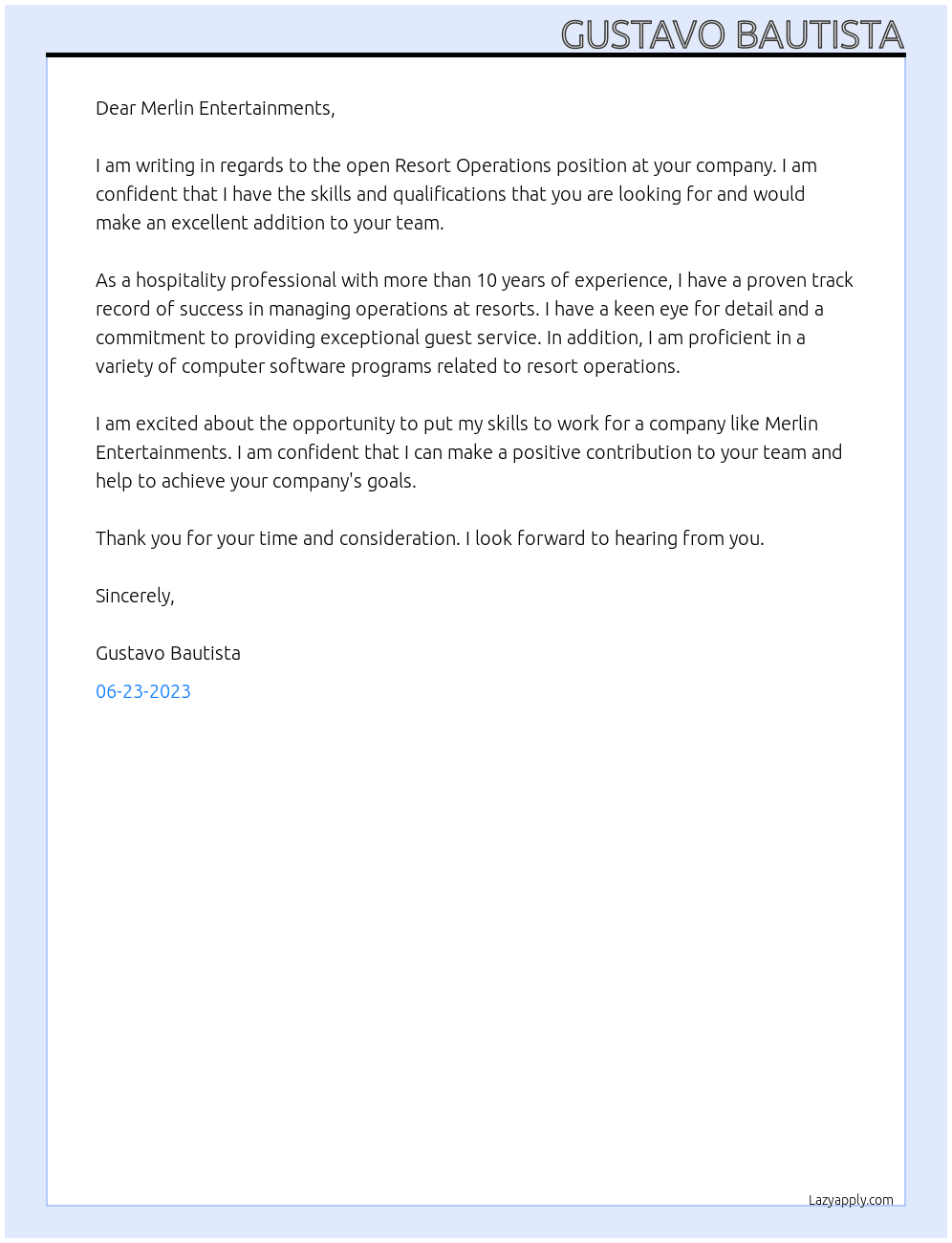 Resort Operations At Merlin Entertainments Cover Letter