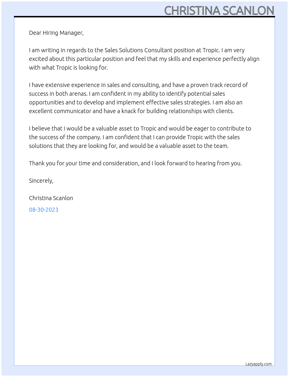 Sales Solutions Consultant At Tropic Cover Letter