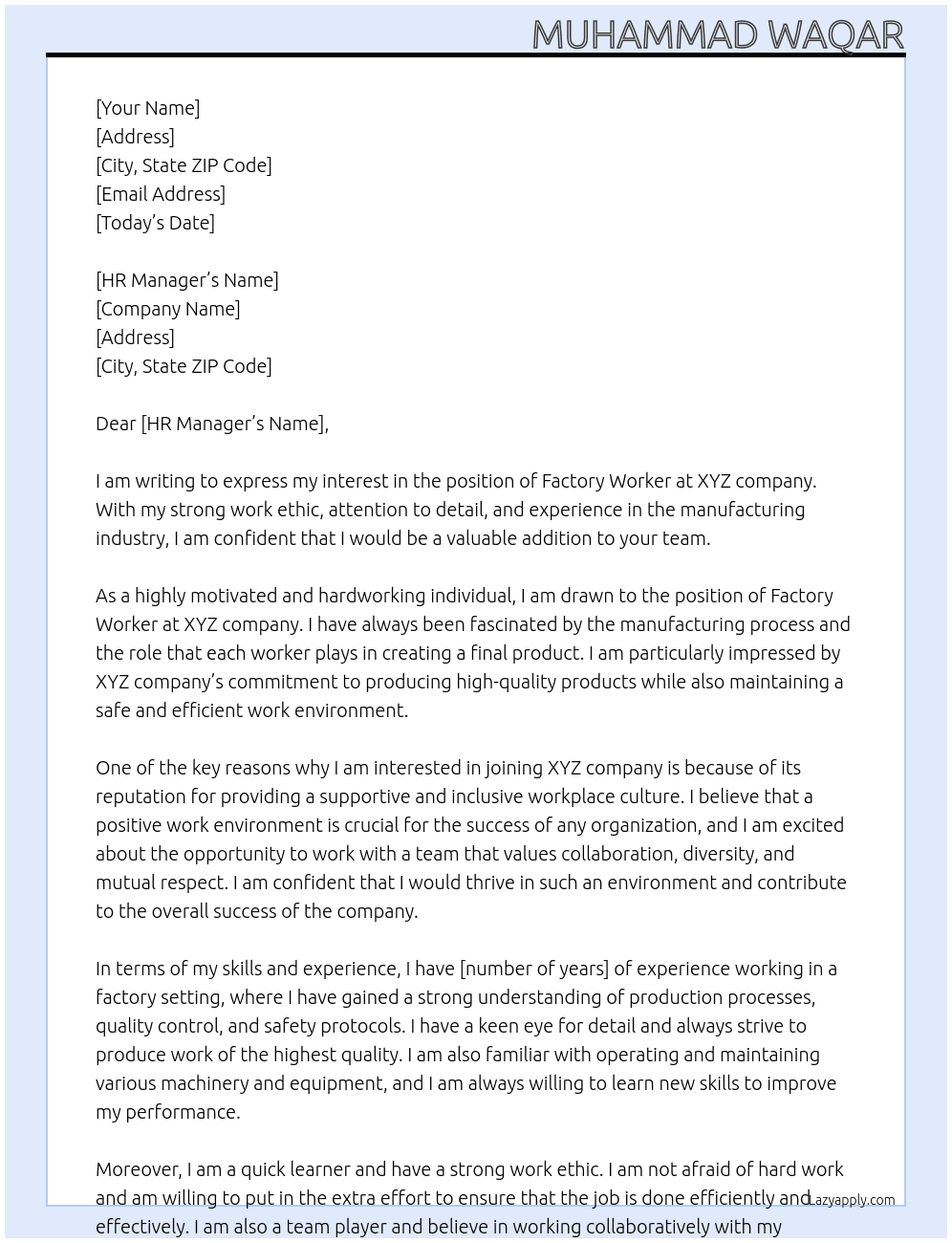 factory worker At xyz Cover Letter