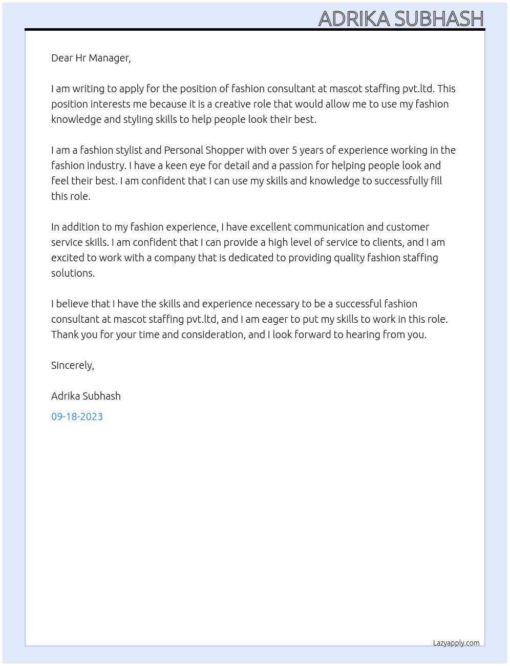 Fashion consultant At mascot staffing pvt.ltd Cover Letter