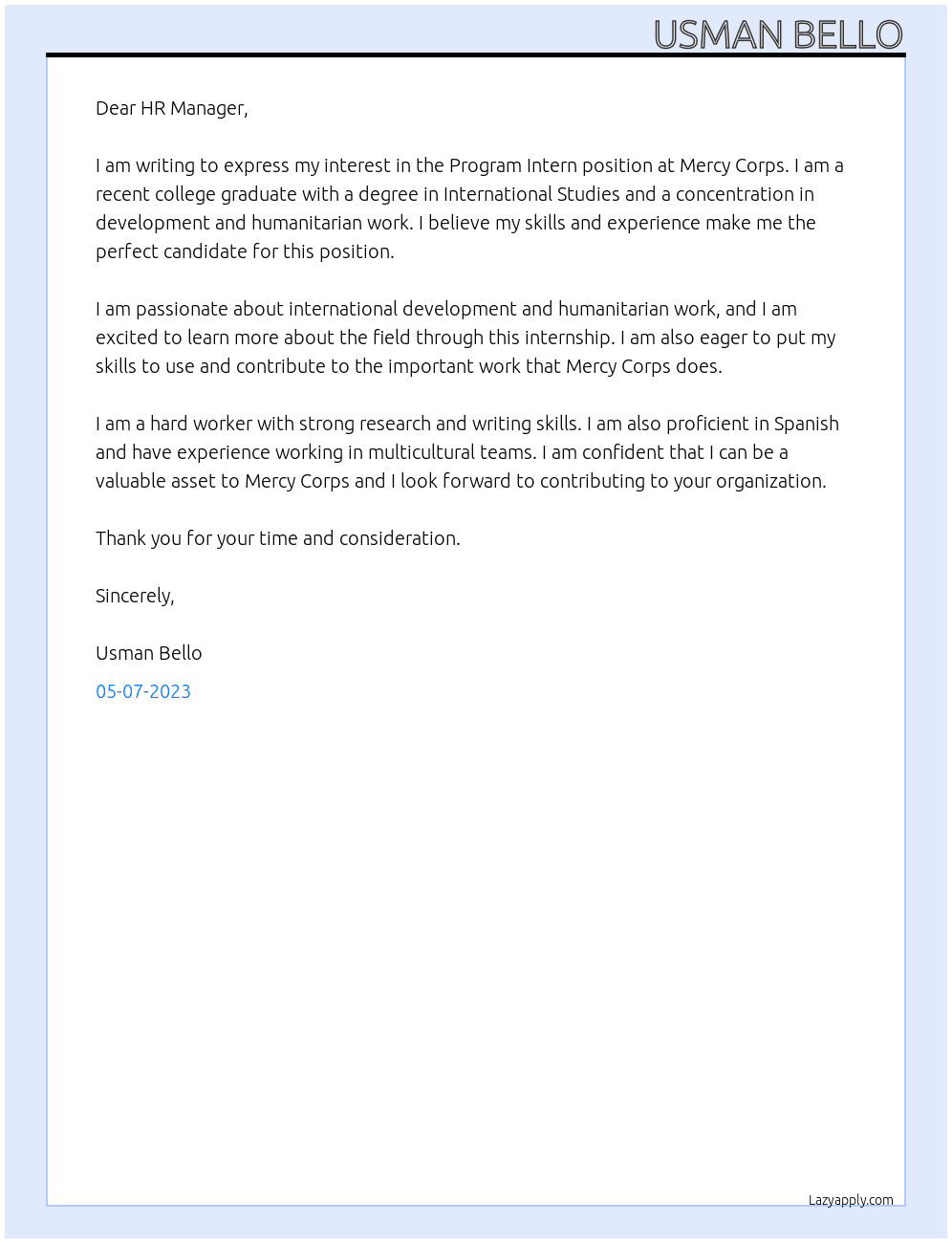 Program intern At Mercy Corps Cover Letter