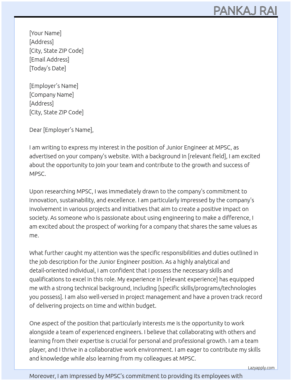 Junior engineer  At Mpsc Cover Letter