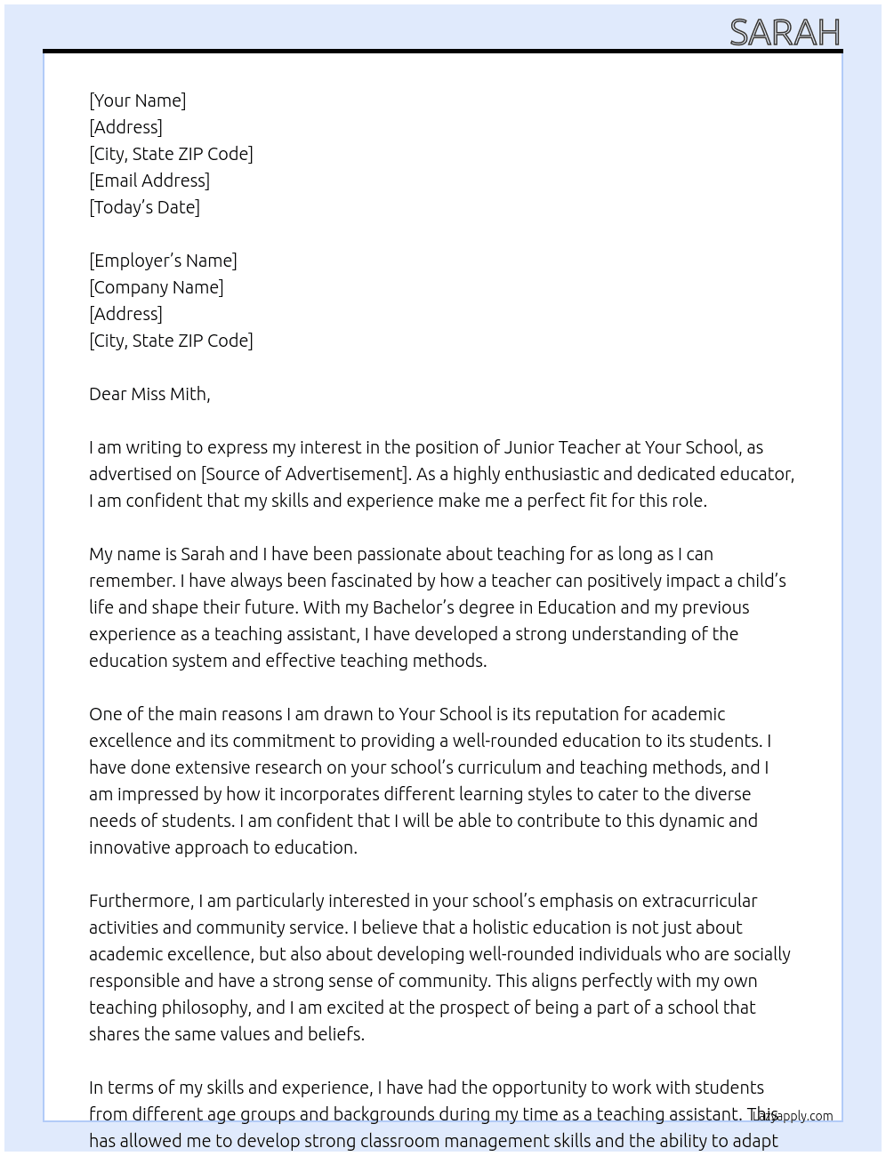 junior teacher   At your school Cover Letter