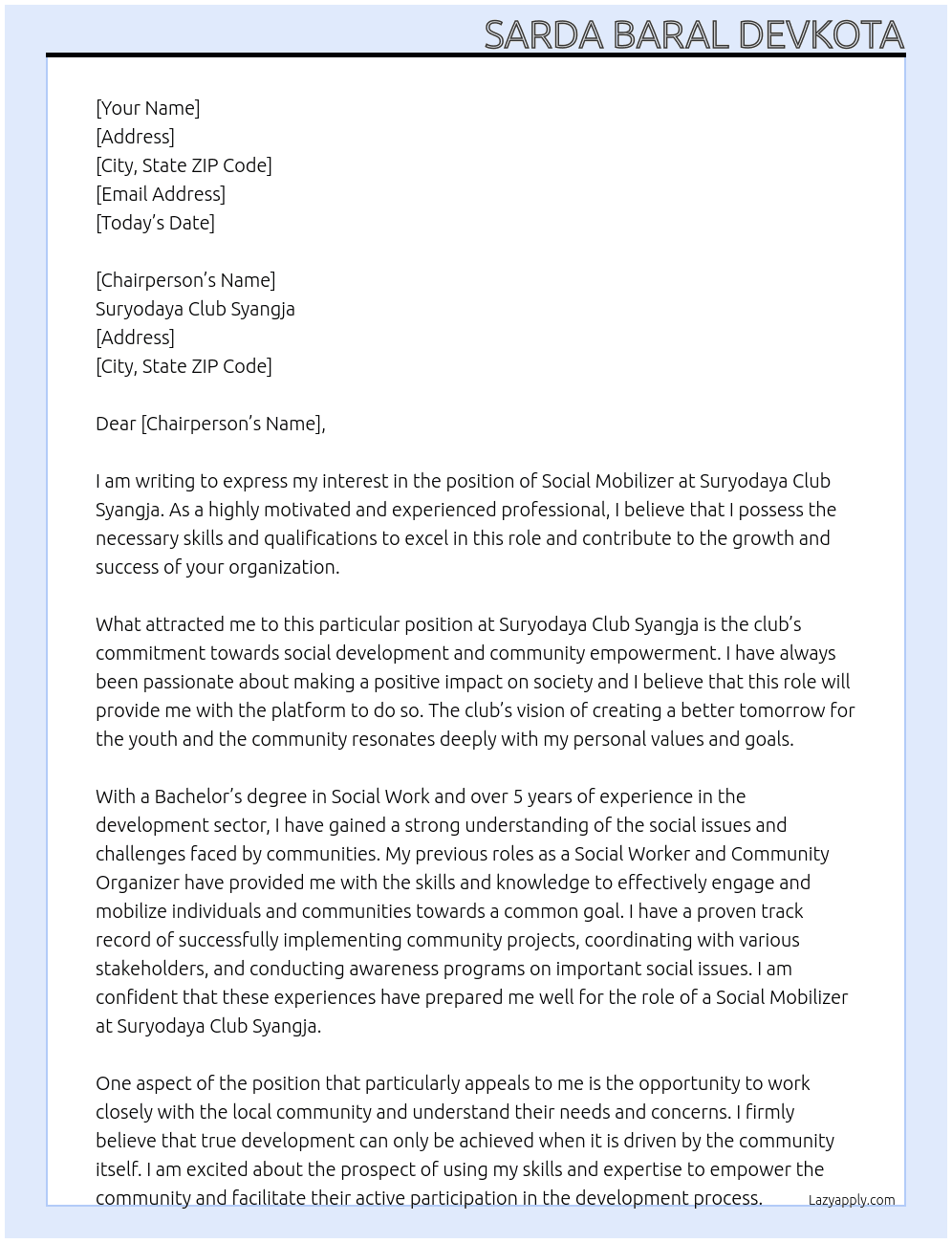 social mobilizer At Suryodaya Club Syangja Cover Letter