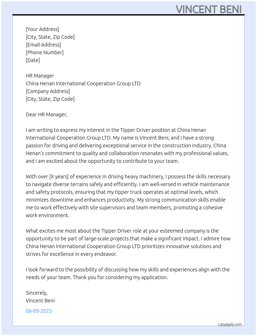Tipper Driver At China Henan International Cooperation Group LTD Cover Letter