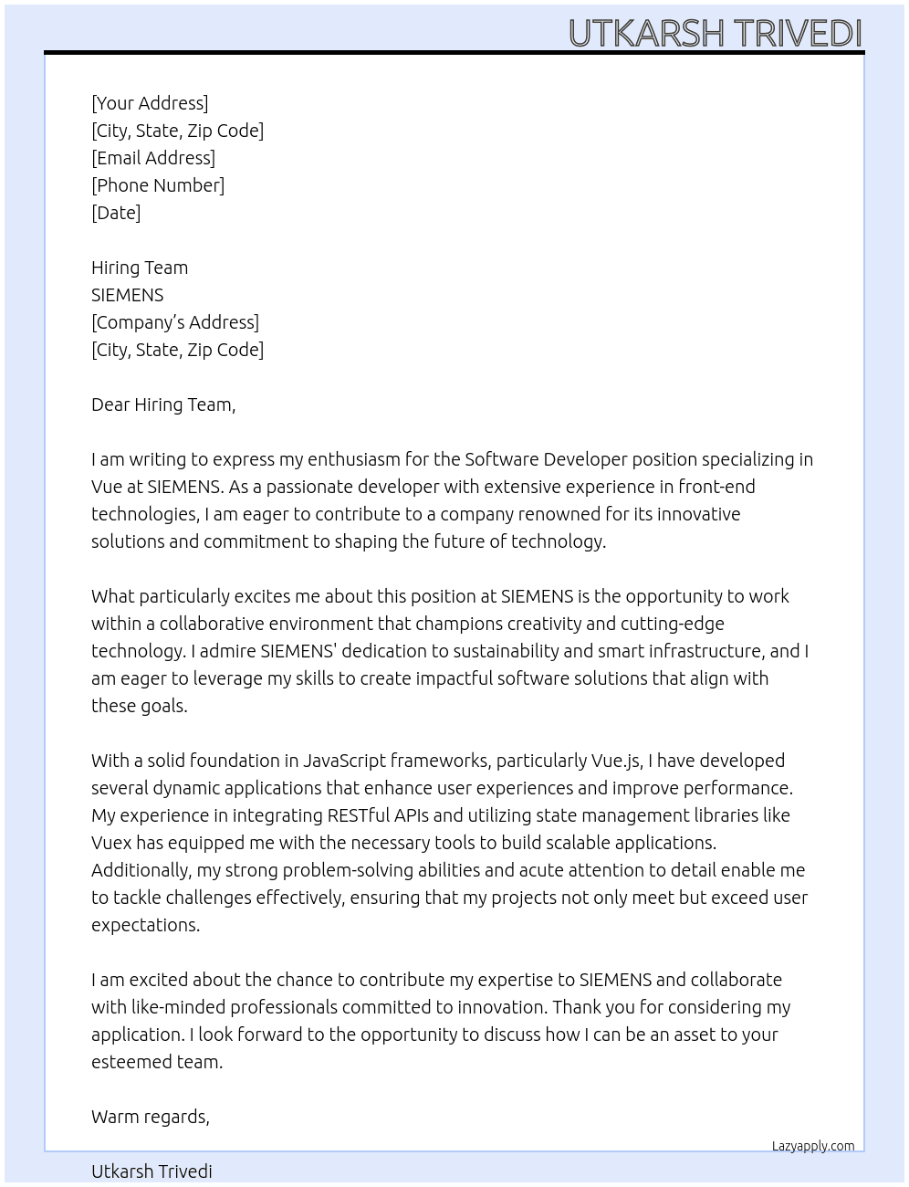 Cover letter for software developer in vue - LazyApply