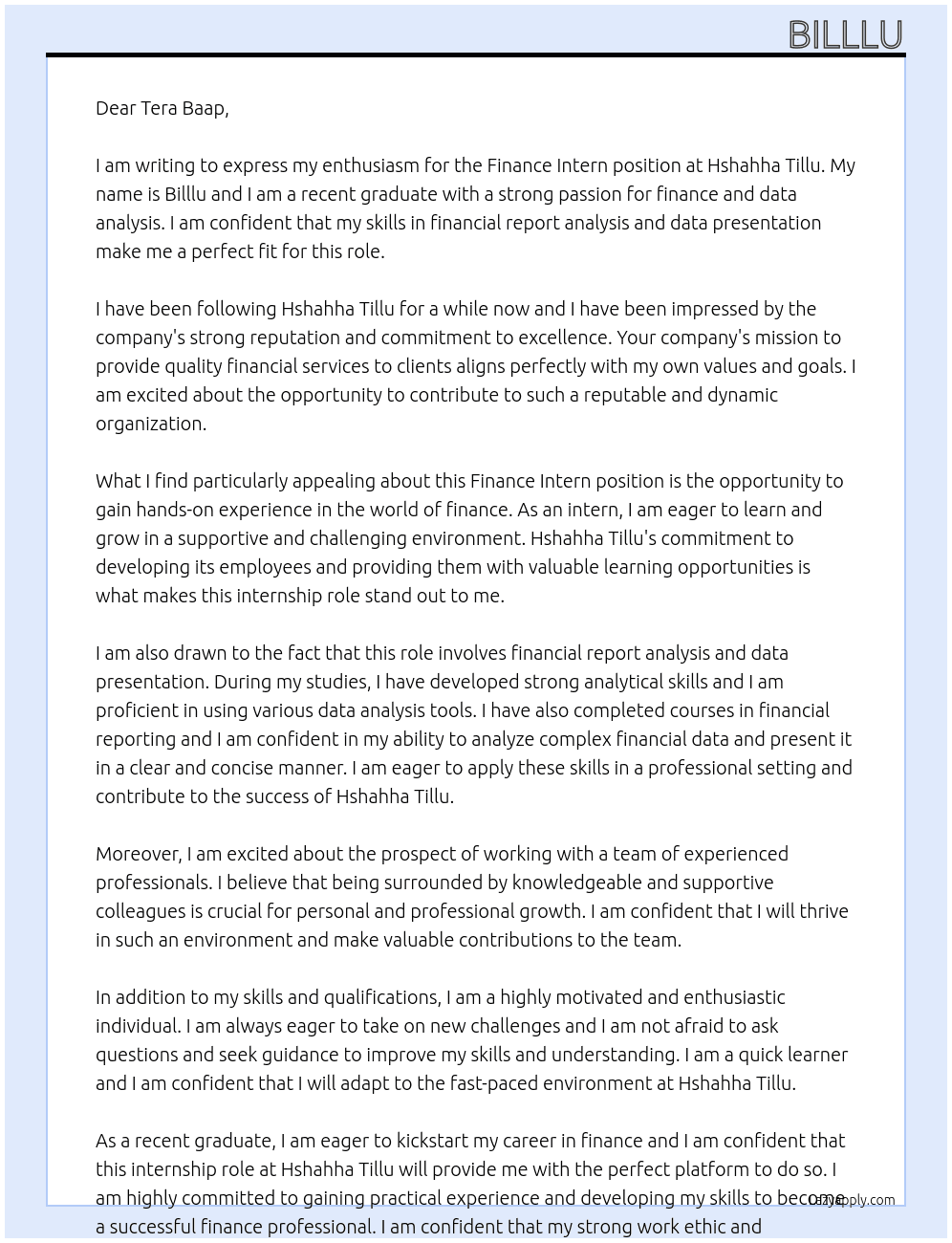 Finance Intern  At Hshahha tillu Cover Letter