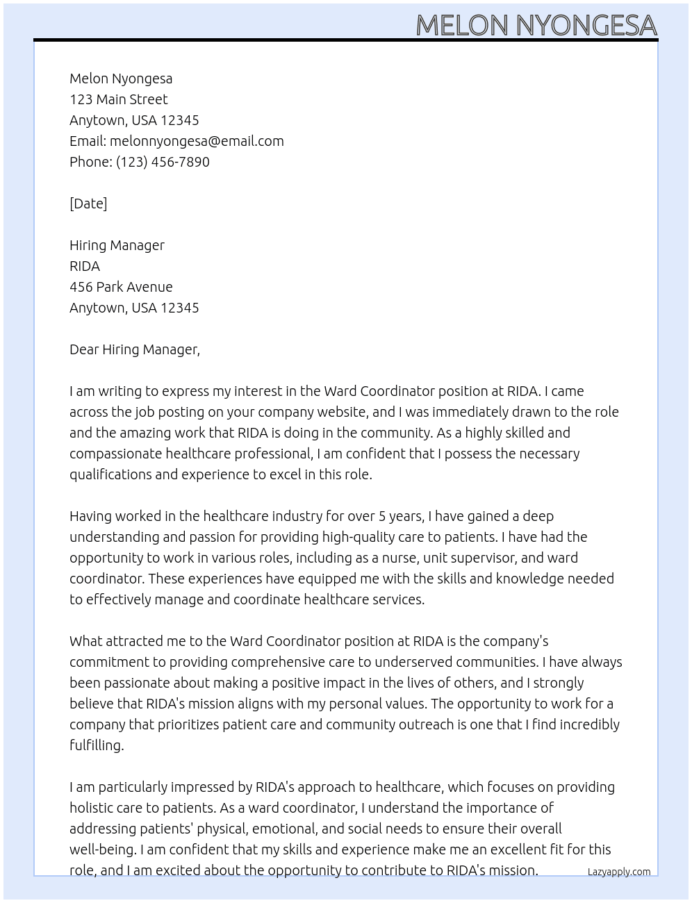 Ward cordinator At RIDA Cover Letter