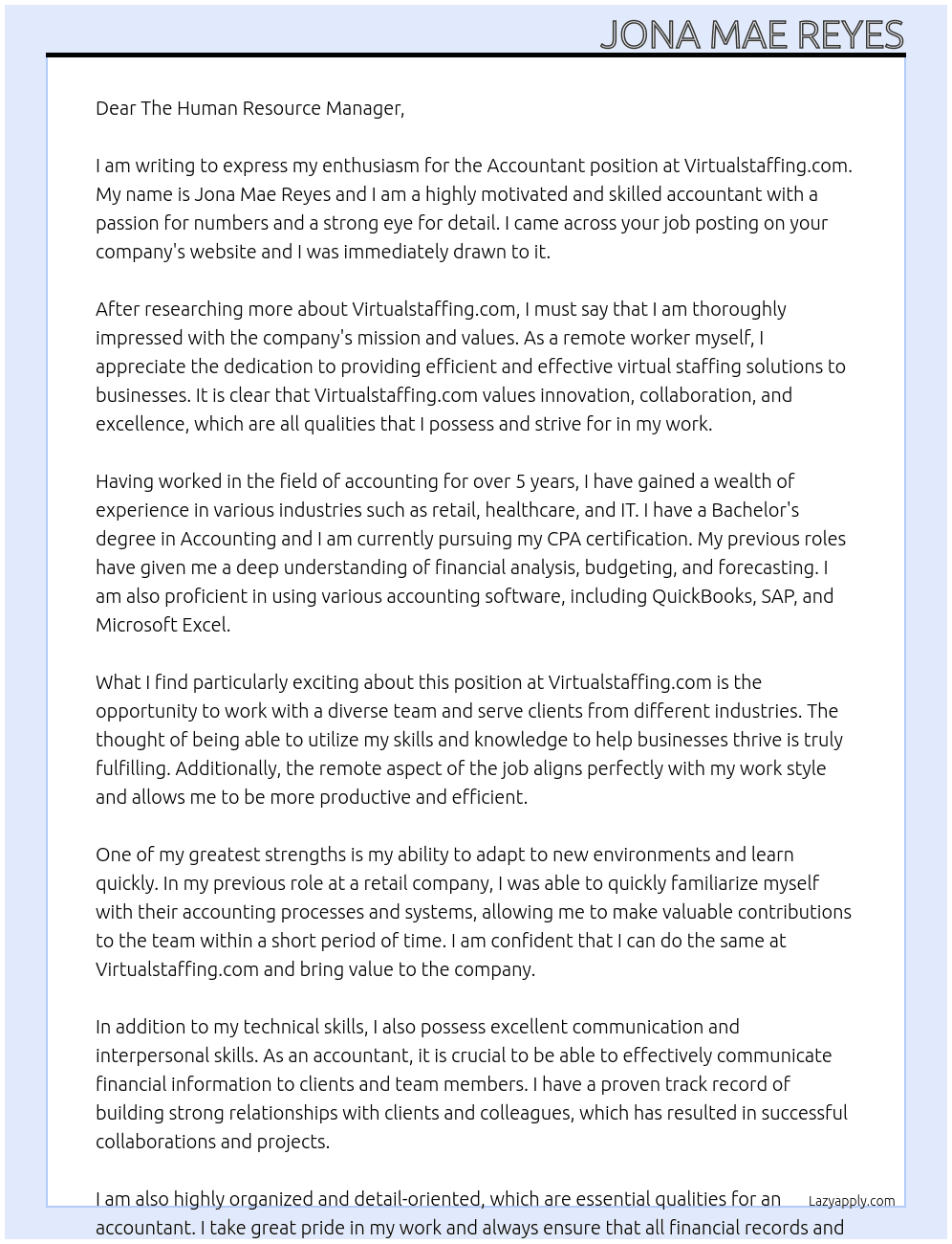Accountant At Virtualstaffing.com Cover Letter